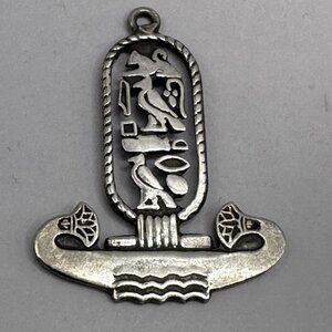 Egyptian Cartouche Pendant Falcon Horus Amulet Hallmarked Sterling Silver Vtg